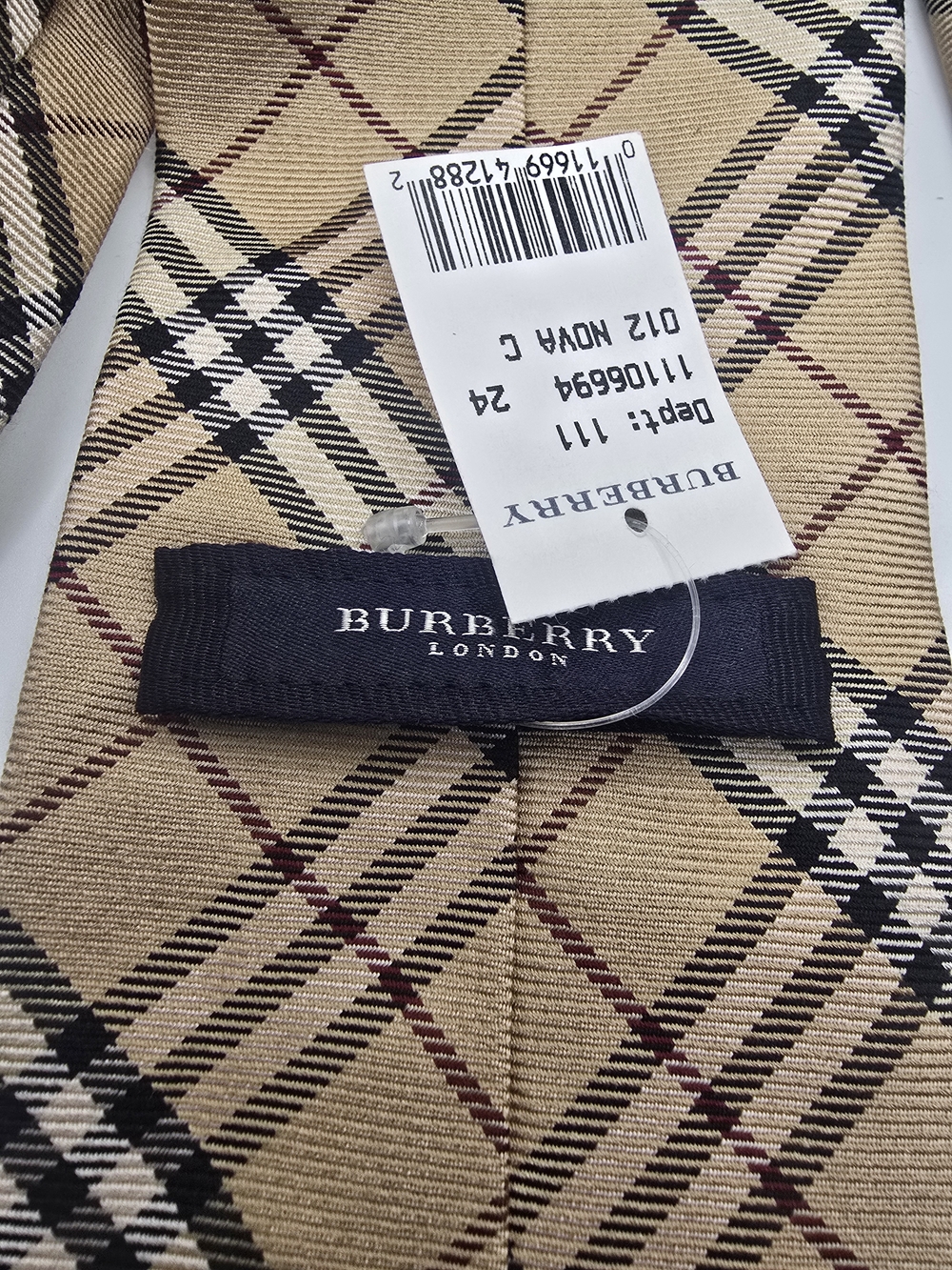 Burberry Nova Tan Plaid Silk Tie with Black & Red Accents - Picture 4 of 6